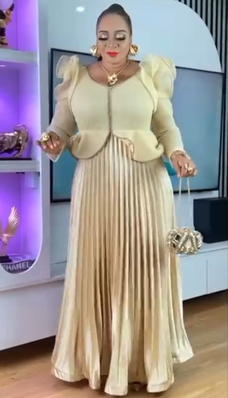 Gold Puff Sleeve Pleated Gown